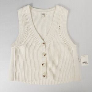 ana V Neck Button Front Knit Sweater Vest Womens Medium Cream Cottagecore Preppy